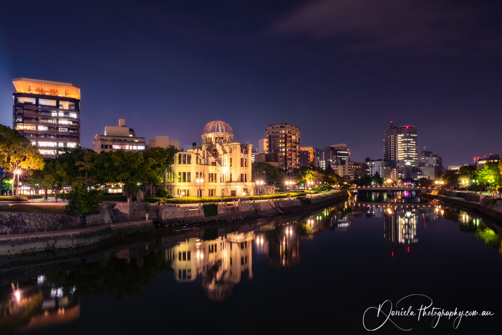 Japan -Hiroshima Skyline by night with the Atomic Bomb Dome